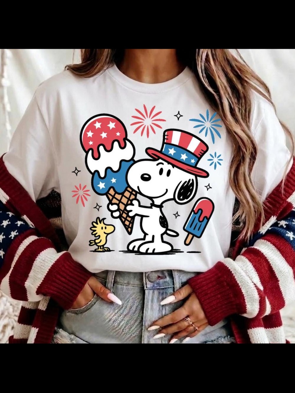 Gildan White Snoopy Patriotic Ice Cream Tee with Red and Blue Accents